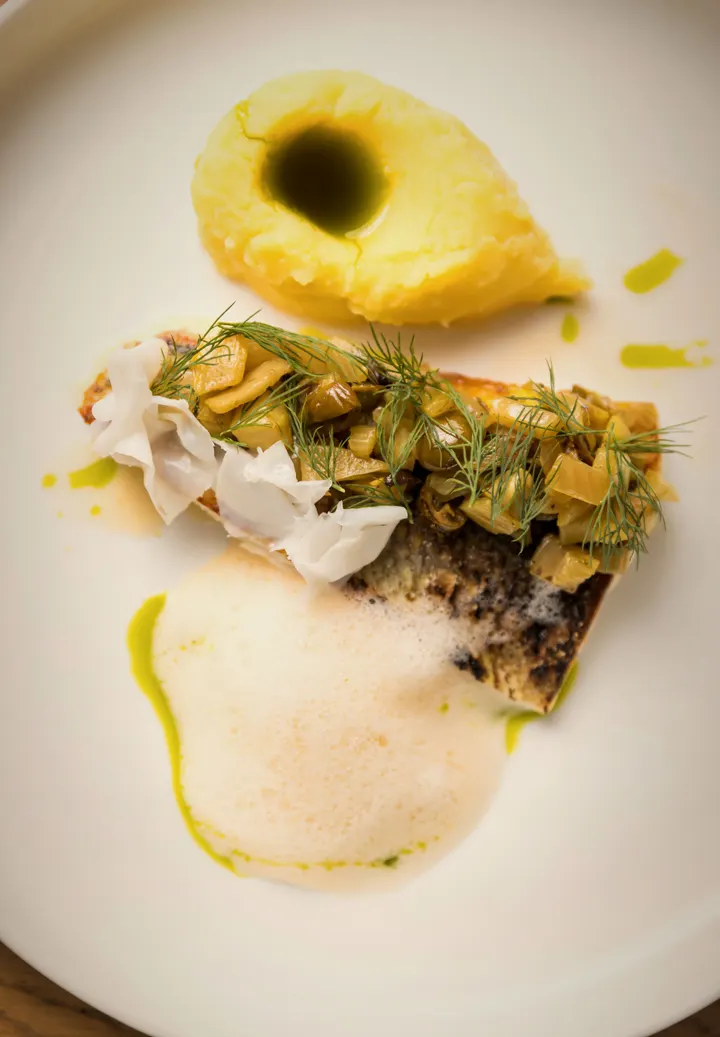 Fisch mit Püree und Schaum, von oben